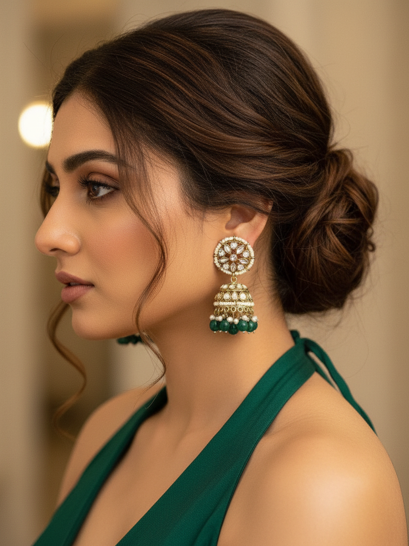 Emerald Blossom Kundan Necklace & Jhumka Set with Maang Tikka