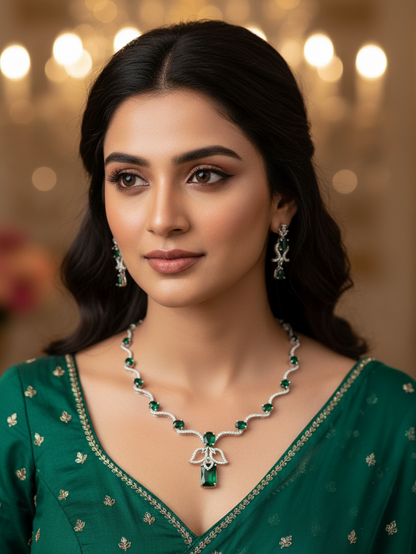 Emerald Cascade Wave Necklace & Earrings Set
