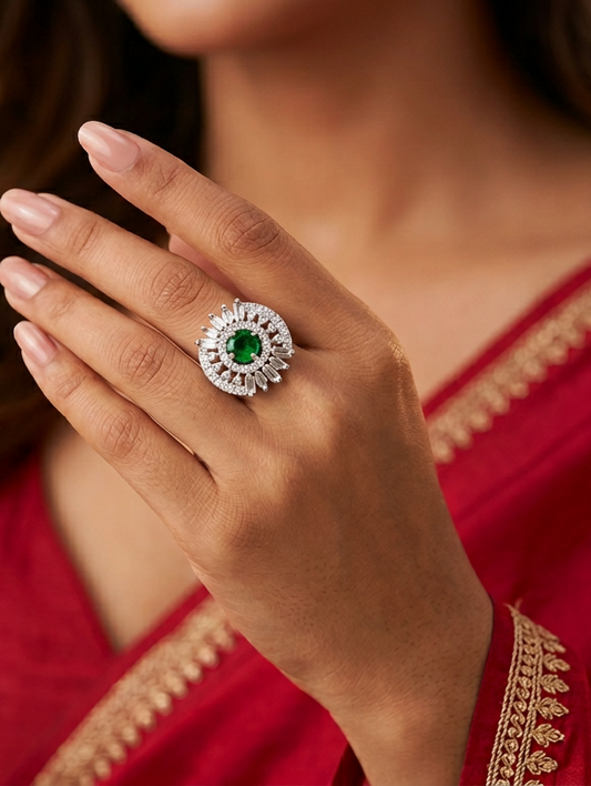 Emerald Starburst Halo Ring
