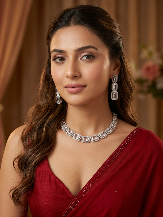 White Emerald-Cut Cubic Zirconia Rhodium Jewellery Set