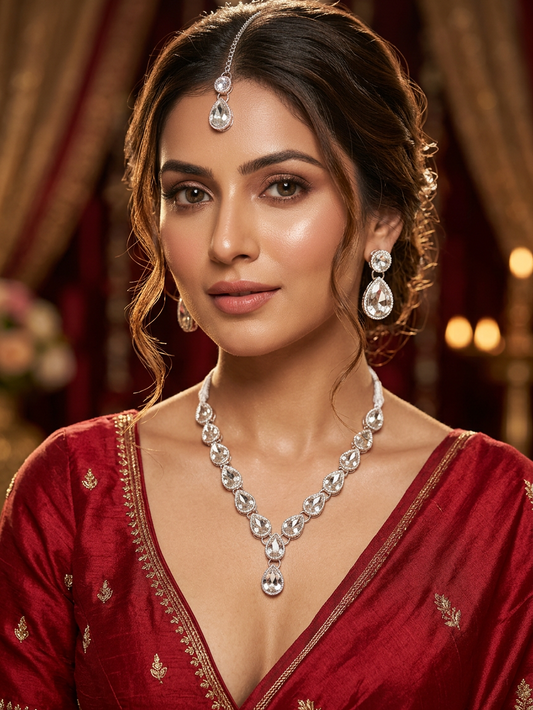 Royal Teardrop Diamond Necklace, Earrings & Maang Tikka Set