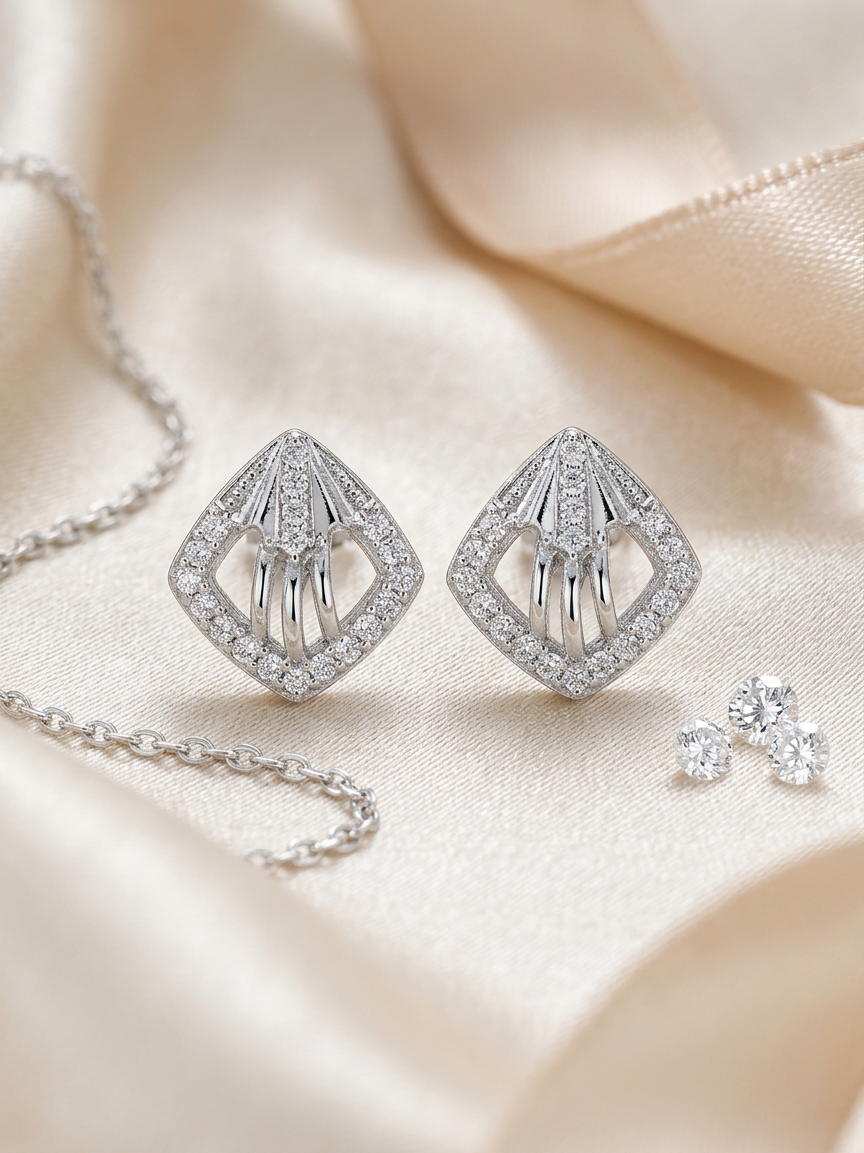 Art Deco Diamond Frame Stud Earrings with Baguette Accents