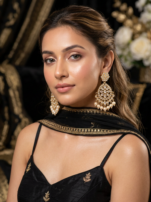 Golden Lotus Kundan Earrings with Pearl Drop Fringe