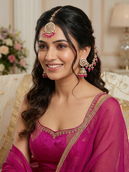 Fuchsia Bloom Kundan Jhumka & Maang Tikka Set