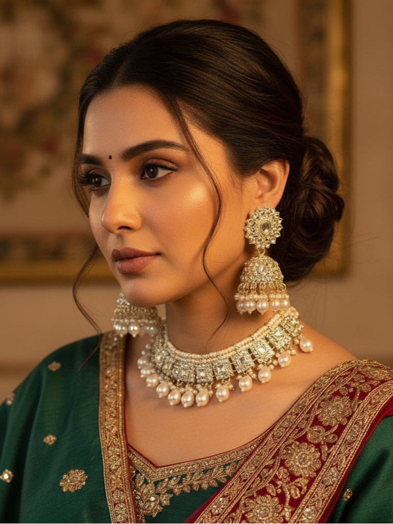 Regal Pearl & Kundan Square-Cut Bridal Jewellery Set