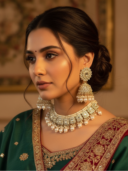 Regal Pearl & Kundan Square-Cut Bridal Jewellery Set