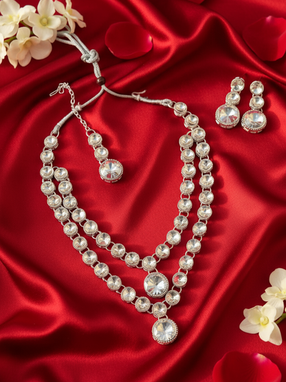 Elegant Round-Cut Polki Bridal Jewellery Set with Double-Layer Necklace