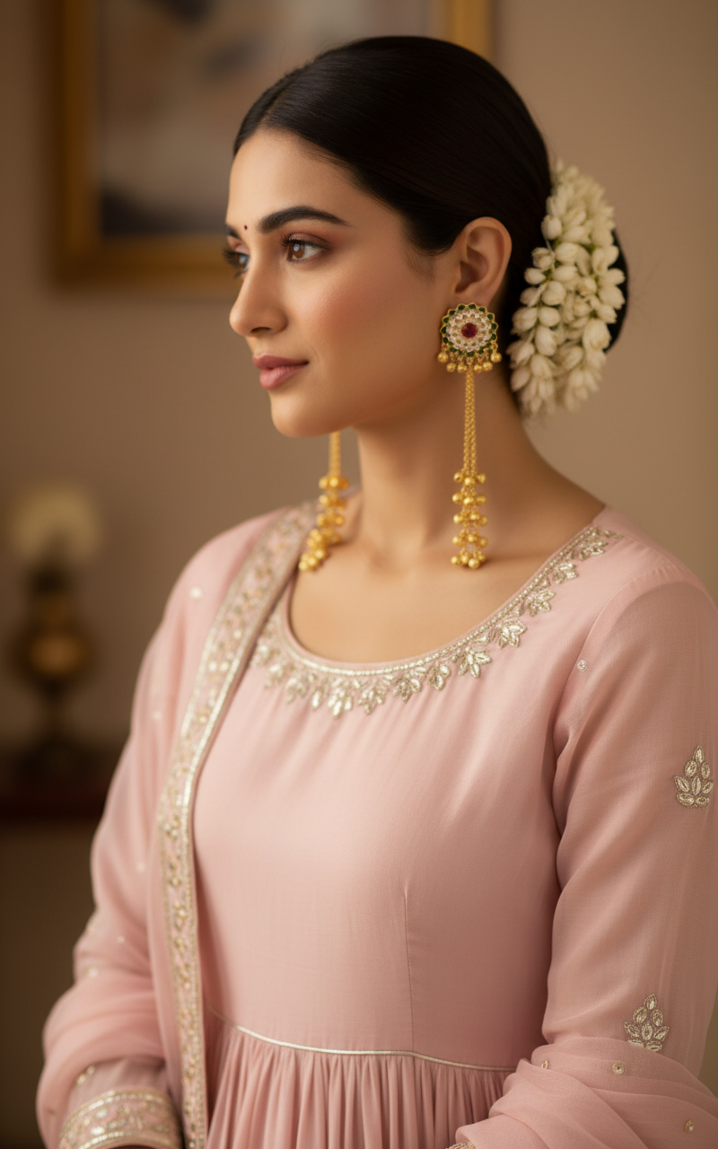 Meenakari Lotus Earrings with Golden Ghungroo Cascade