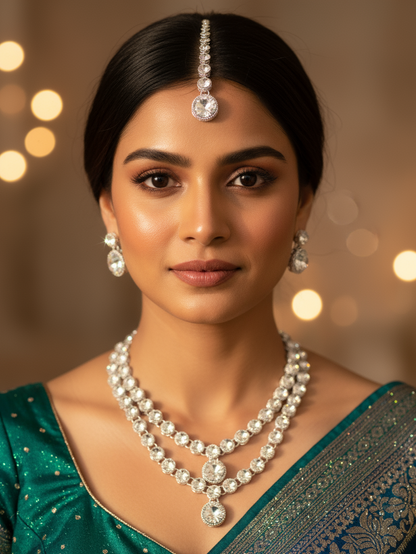 Elegant Round-Cut Polki Bridal Jewellery Set with Double-Layer Necklace