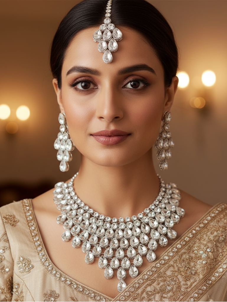 Royal White Pear-Cut Polki Kundan Bridal Jewellery Set