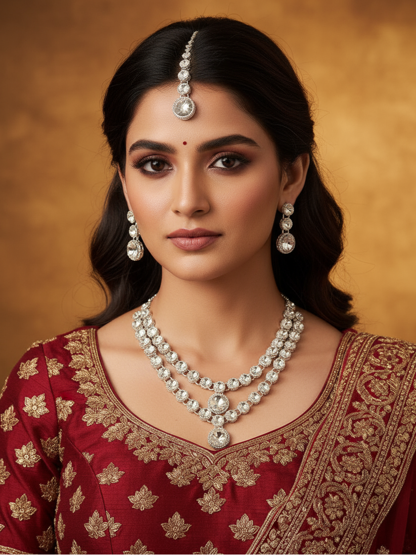 Woman wearing traditional jewelry and a red saree with gold patterns against a warm brown background