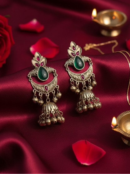 Emerald Lotus Chandbali Jhumka Earrings