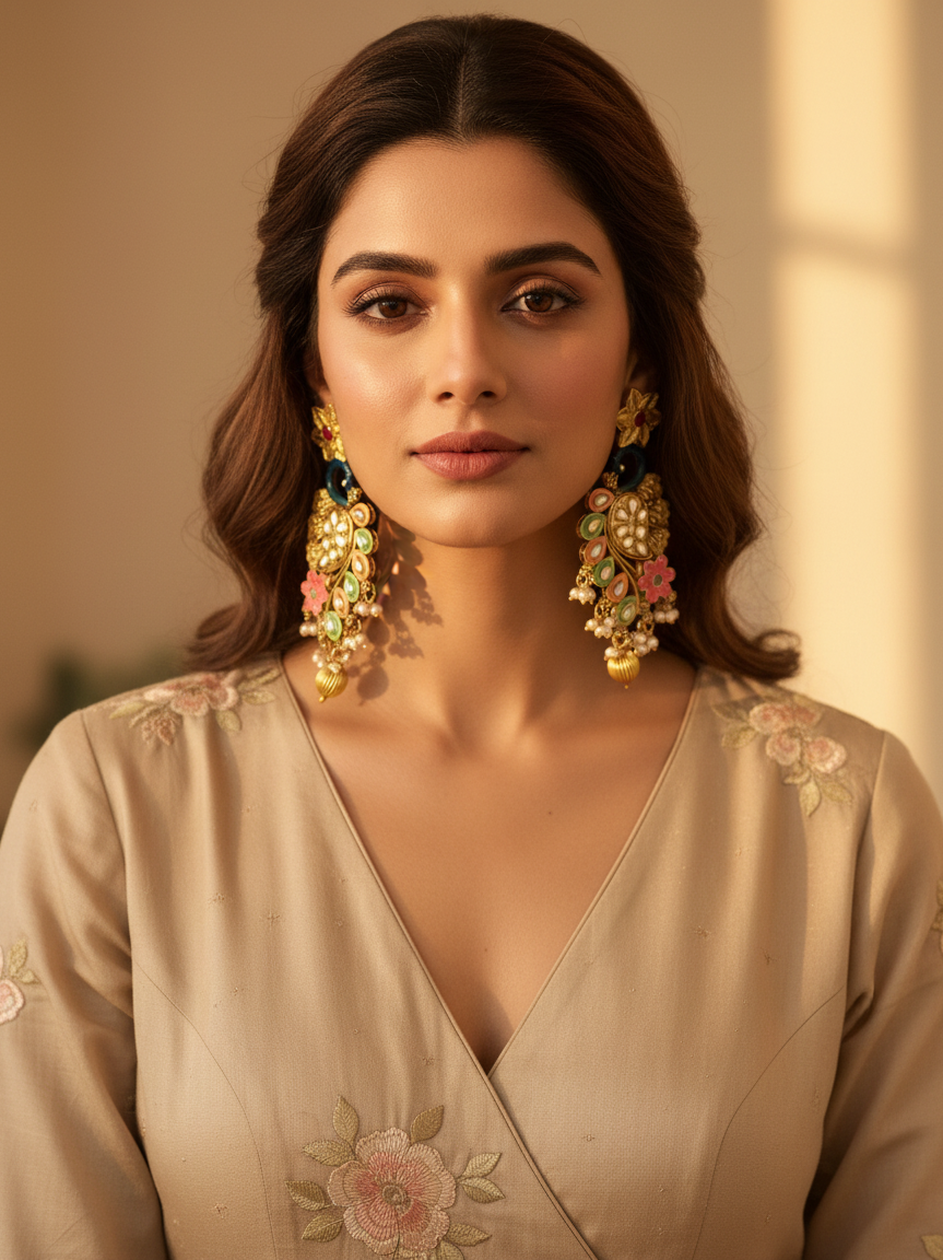 Festive Peacock Cascade Earrings with Pearl Clusters