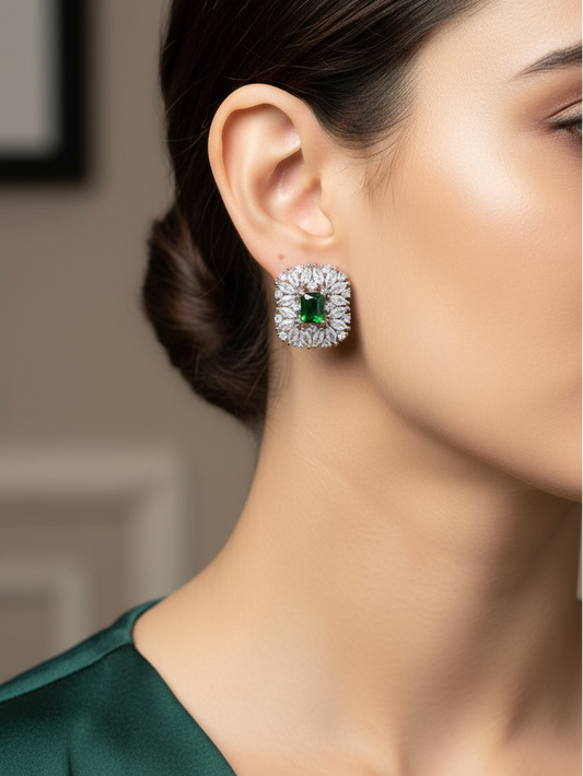 Emerald Elegance Halo Stud Earrings
