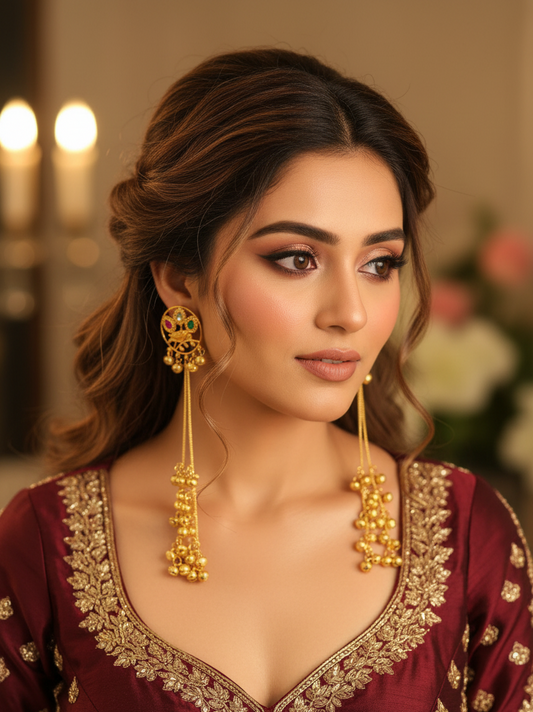 Enchanted Peacock Paradise Earrings with Golden Ghungroo Waterfall