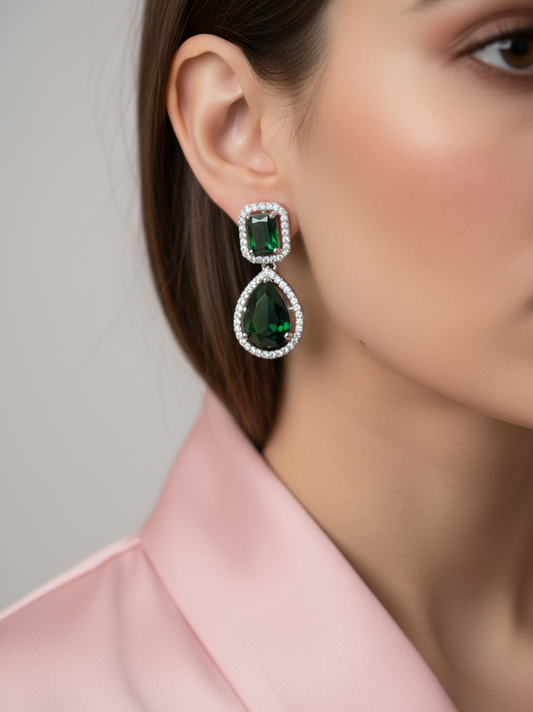 Emerald Dual Drop Halo Earrings