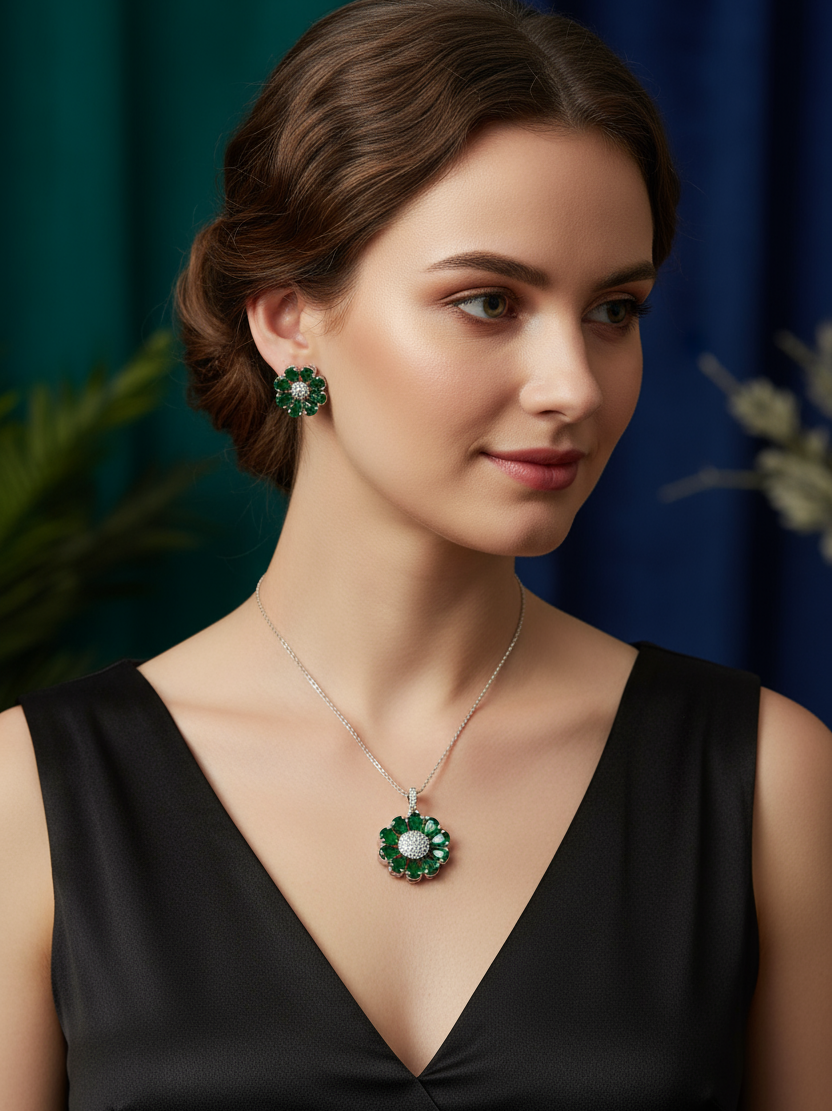 Woman wearing a black dress with green earrings and necklace against a blurred background