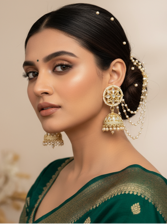 Golden Pearl Chandbali Earrings with Layered Chains