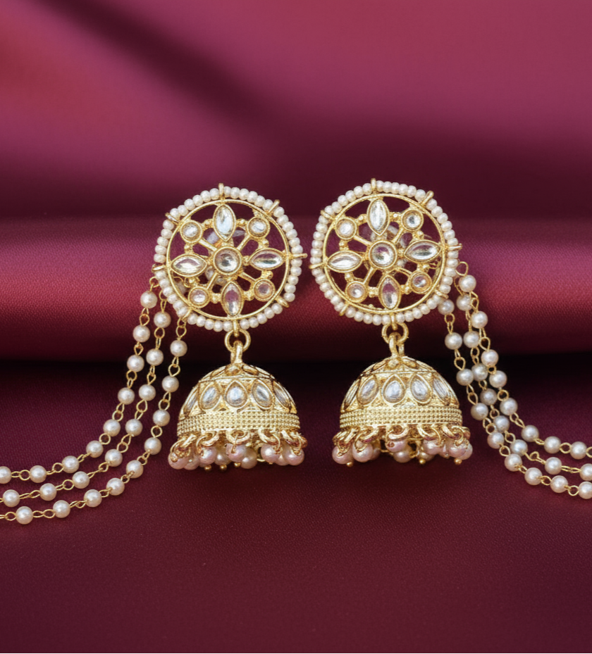 Golden Pearl Chandbali Earrings with Layered Chains