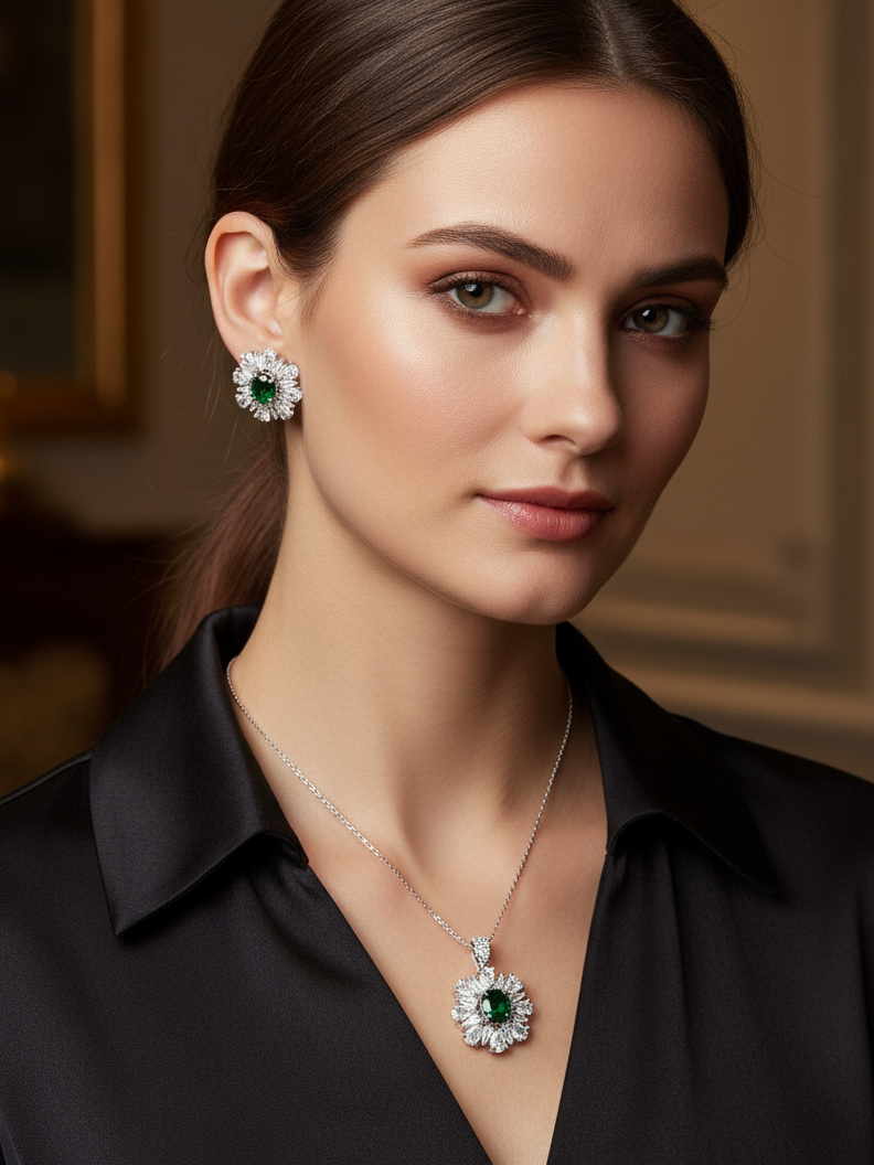 Emerald Radiance Floral Pendant Set