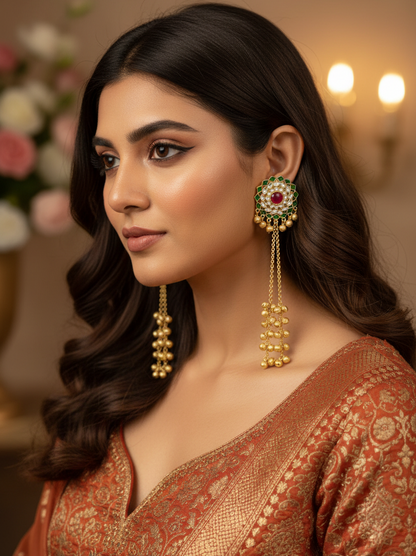 Meenakari Lotus Earrings with Golden Ghungroo Cascade