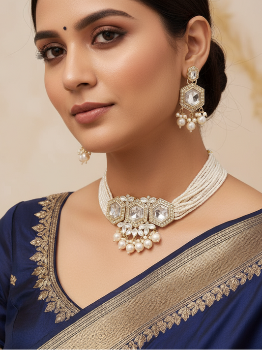 Pearl Strand & White Kundan Hexa Statement Jewellery Set