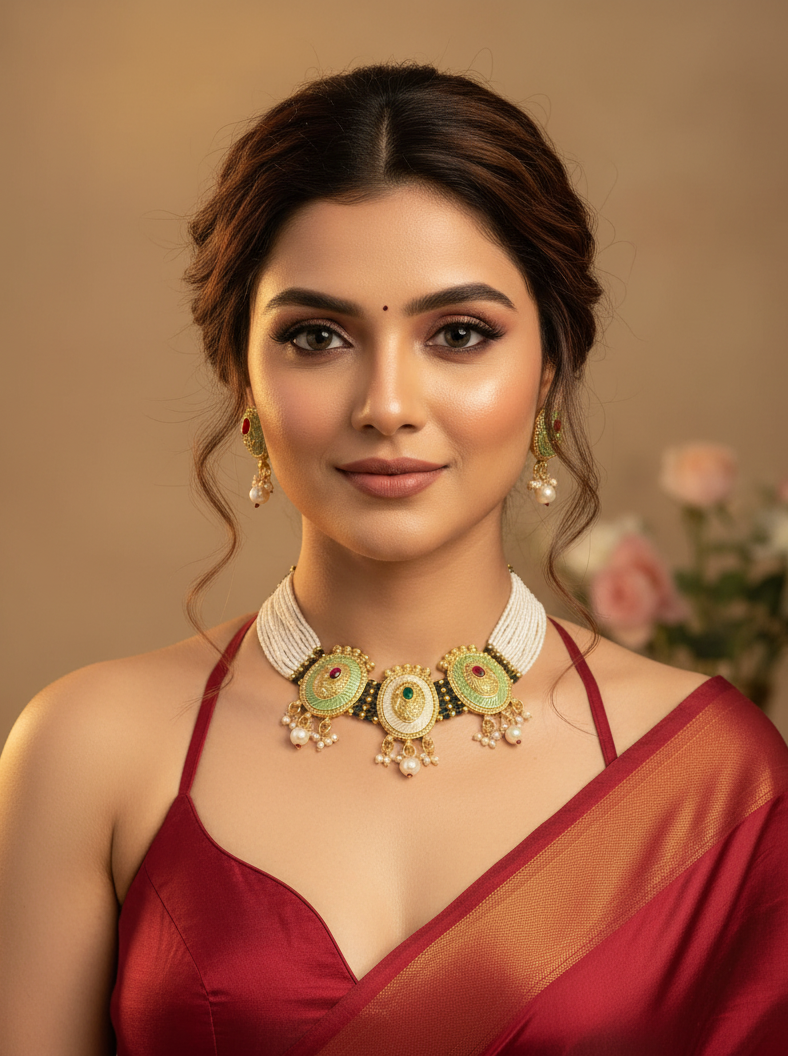 Pearl Strand Medallion Choker Necklace & Earrings Set