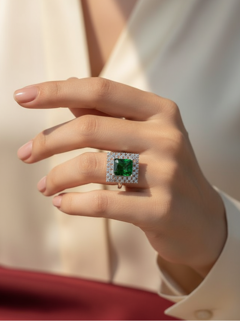 Emerald Radiance Square Halo Adjustable Ring