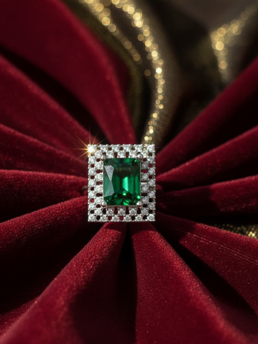 Emerald Radiance Square Halo Adjustable Ring