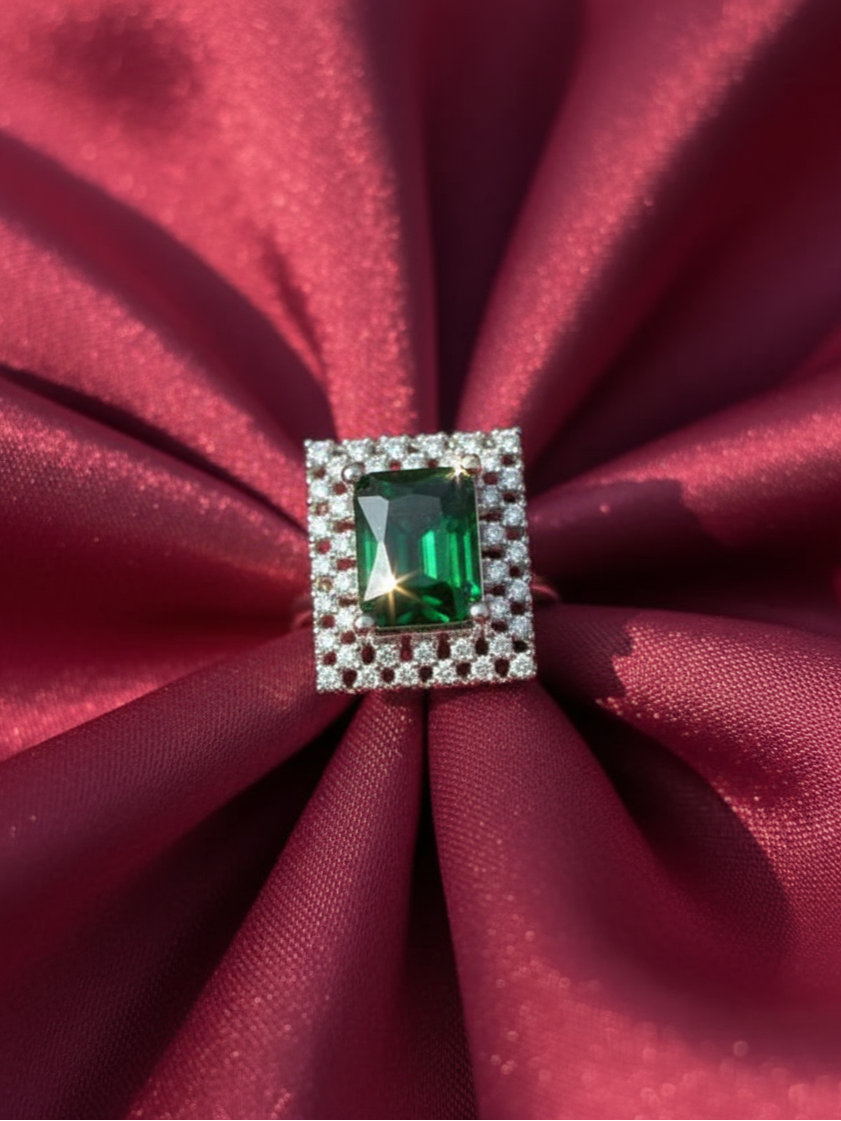 Emerald Radiance Square Halo Adjustable Ring