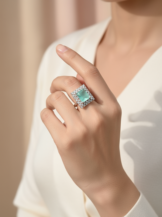 Aqua Glow Square Halo Adjustable Ring