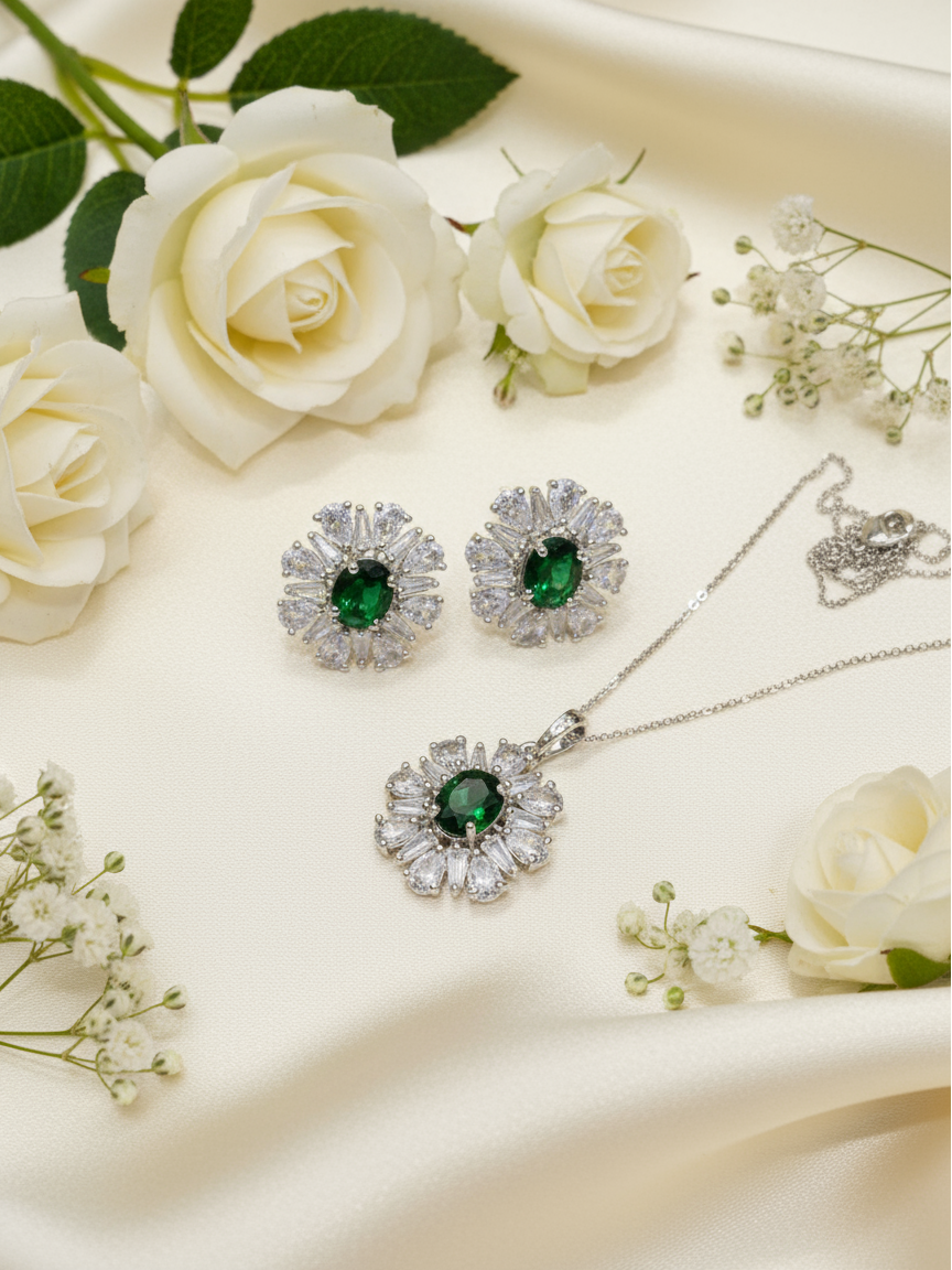 Emerald Radiance Floral Pendant Set