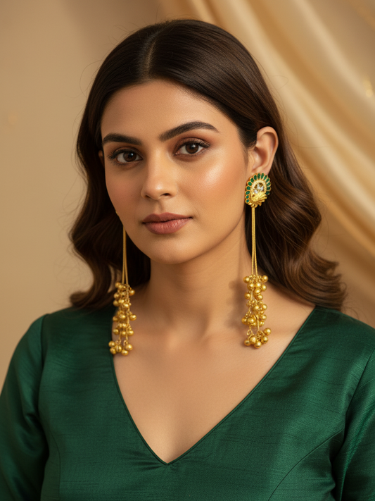 Emerald Peacock Halo Earrings with Golden Ghungroo Cascade