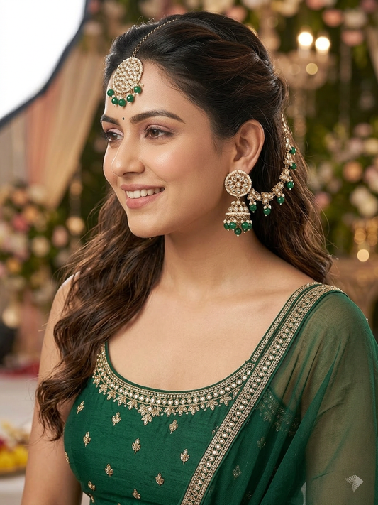 Emerald Blossom Kundan Necklace & Jhumka Set with Maang Tikka