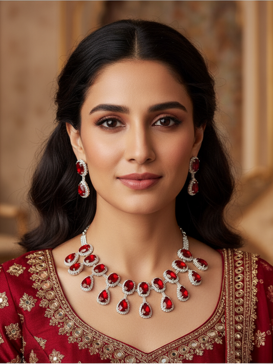 Crimson Elegance American Diamond Necklace Set