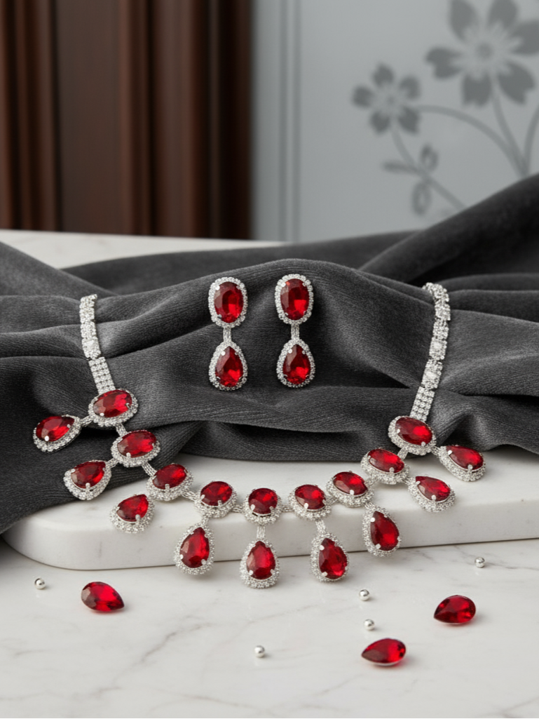 Crimson Elegance American Diamond Necklace Set