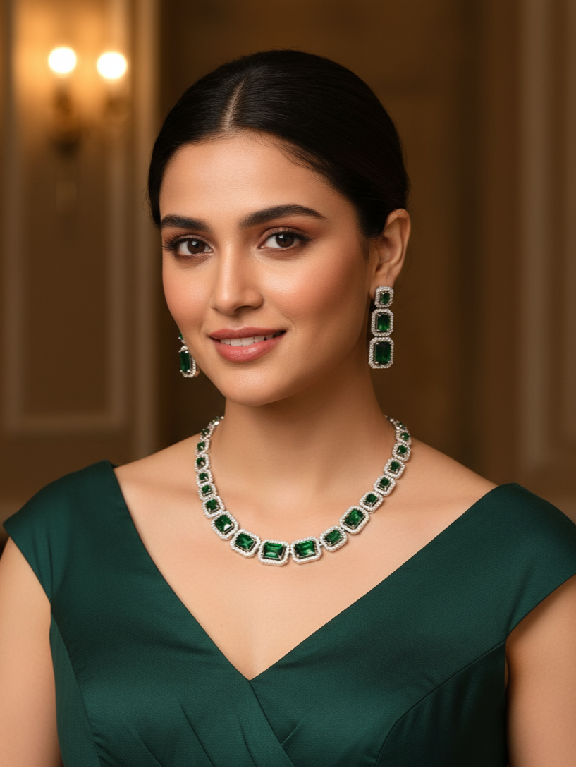 Emerald Green & White Cubic Zirconia Premium Jewellery Set