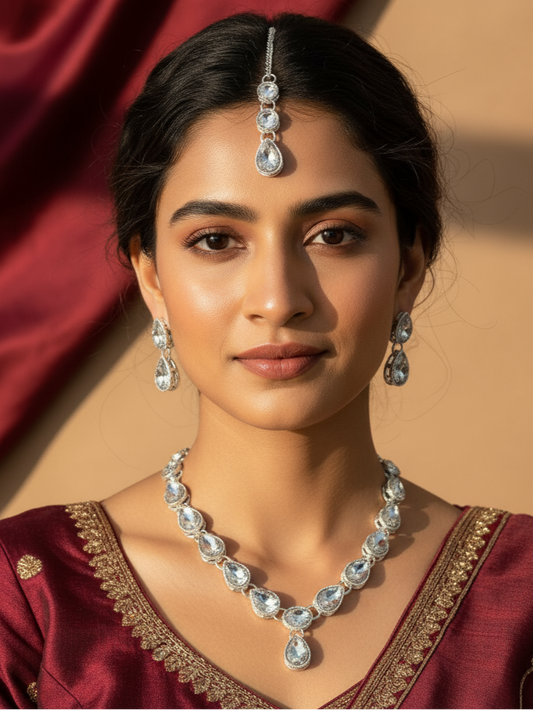 Royal Teardrop Diamond Necklace, Earrings & Maang Tikka Set