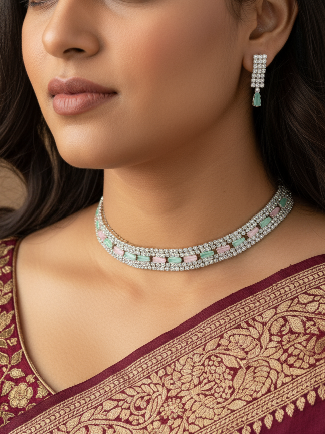 Pastel Gemstone Dual-Layer Necklace and Earring Set