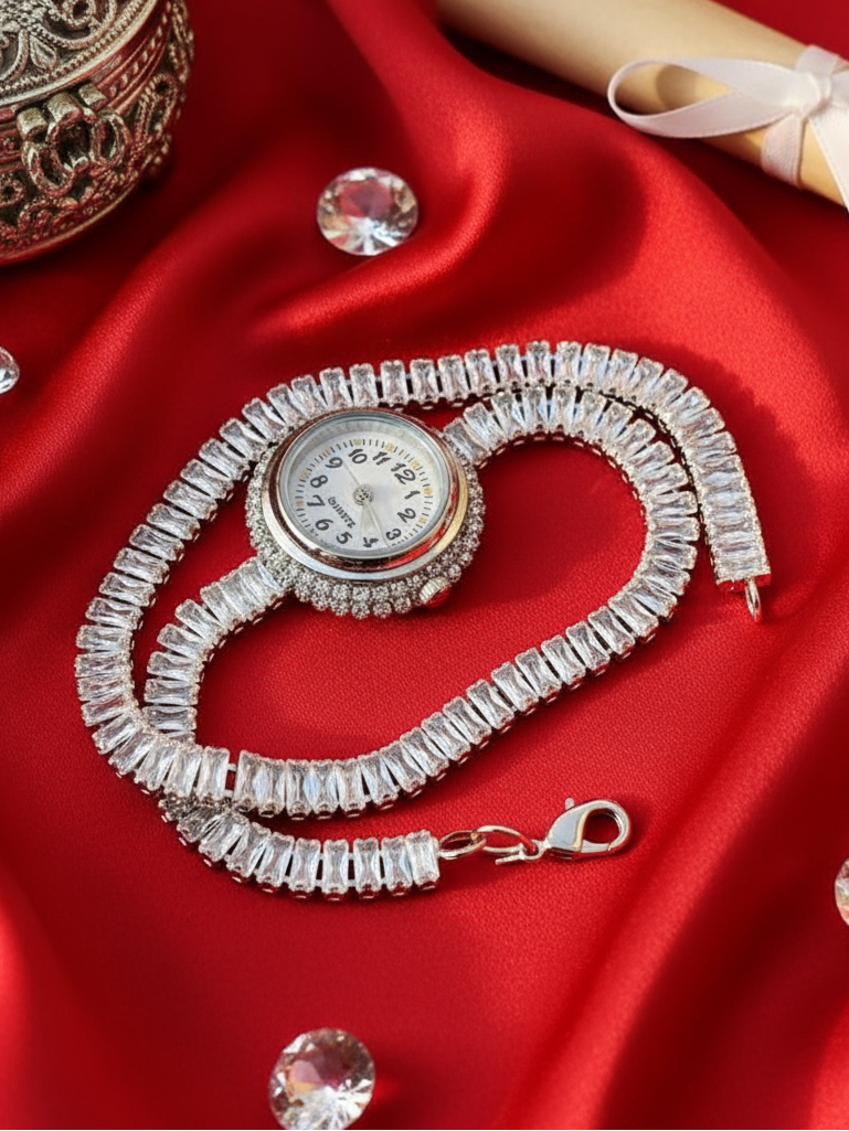 Decorative pocket watch with crystal chain on a red satin surface