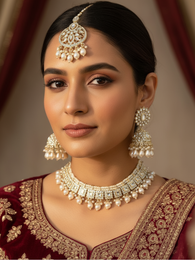Regal Pearl & Kundan Square-Cut Bridal Jewellery Set