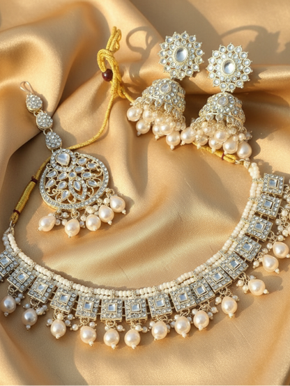 Regal Pearl & Kundan Square-Cut Bridal Jewellery Set