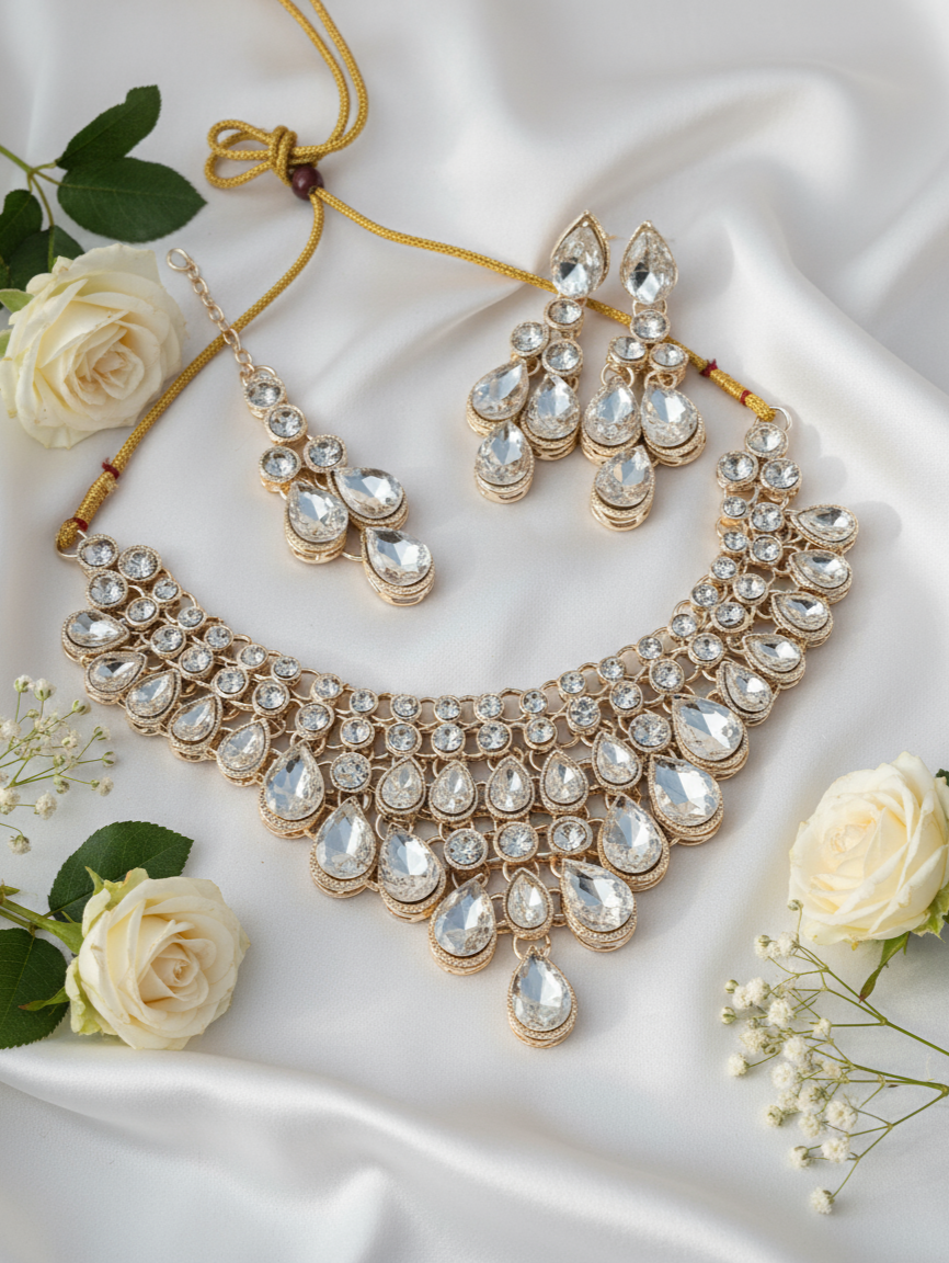 Sparkling Teardrop Kundan Necklace Set