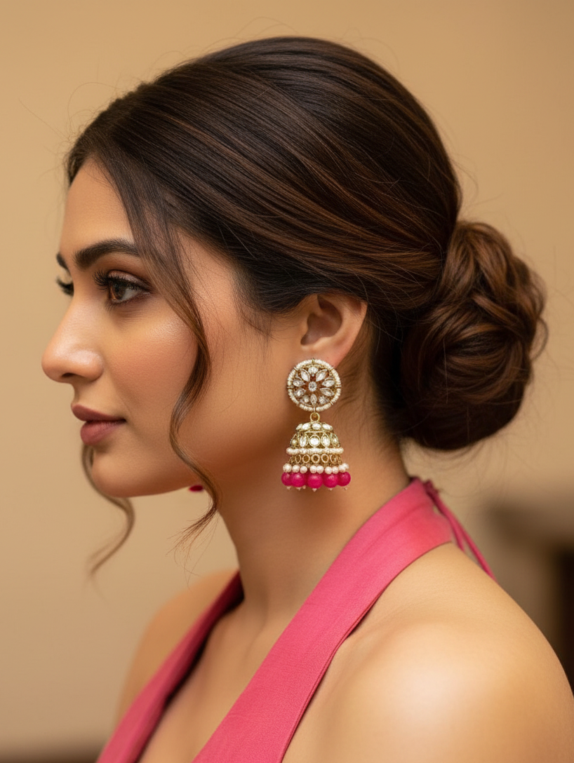Fuchsia Bloom Kundan Jhumka & Maang Tikka Set