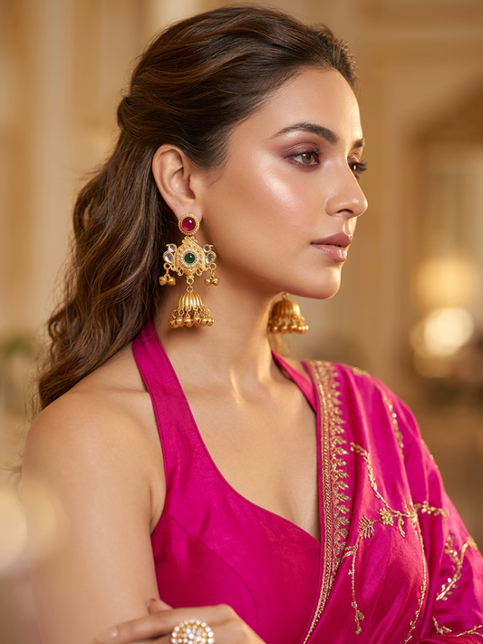 Ruby Kundan Jhumka Ghungroo Earrings