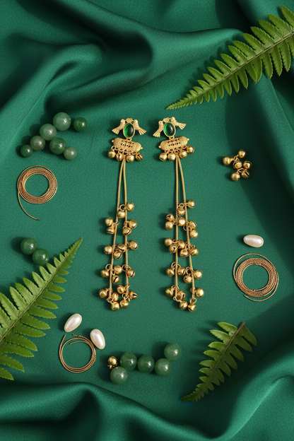 Ruby Blossom Ghungroo Cascade Earrings with Chain Dangles